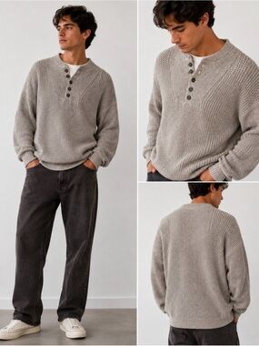 Eddie Bauer Men’s Small Oatmeal Chunky Knit Henley Pullover Sweater